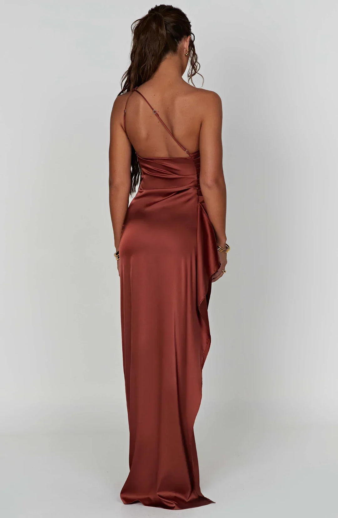 Women's One Shoulder Pleated Satin Dress with Split