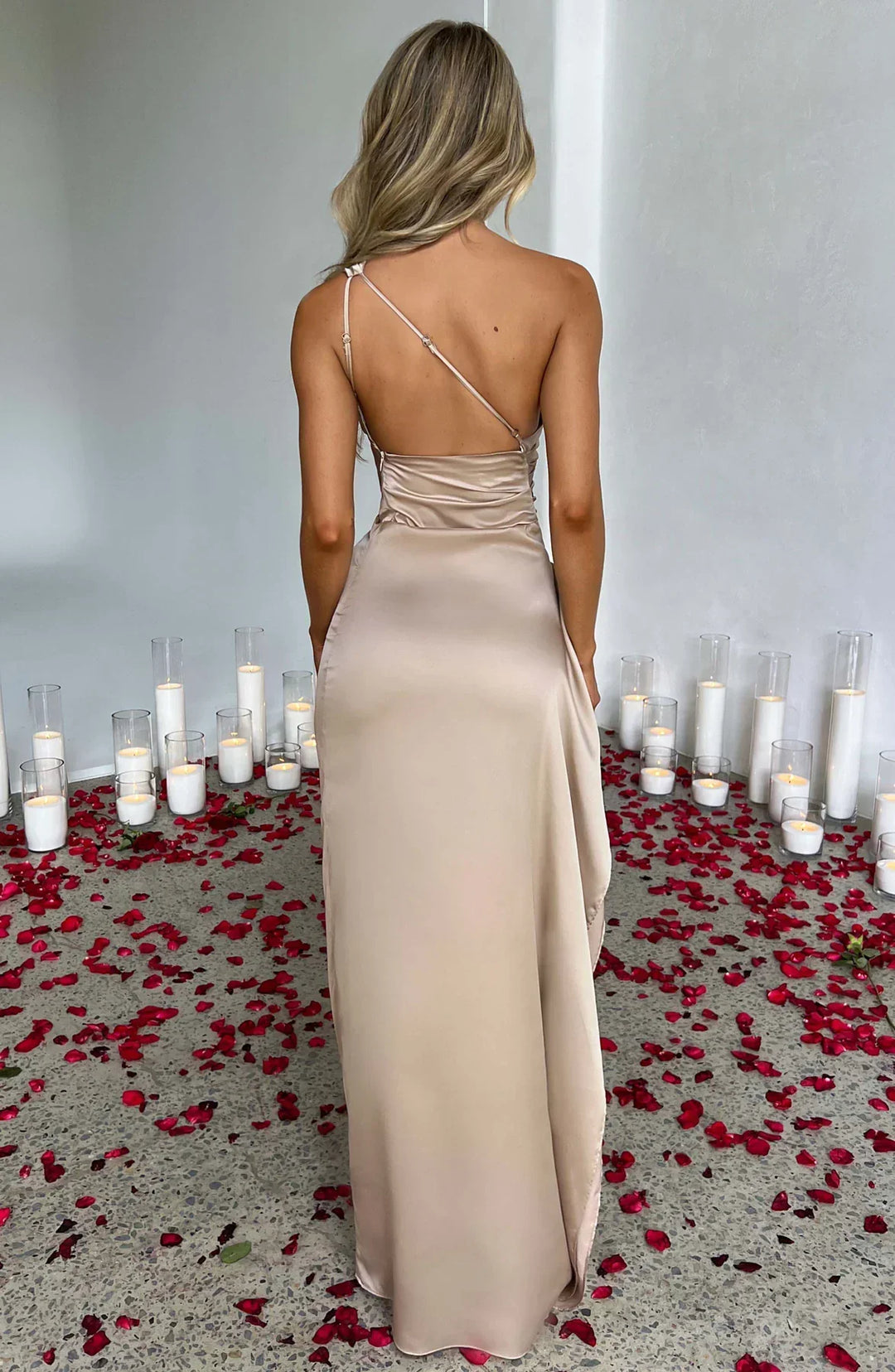 Women's One Shoulder Pleated Satin Dress with Split