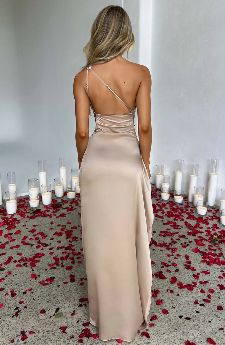 Women's One Shoulder Pleated Satin Dress with Split