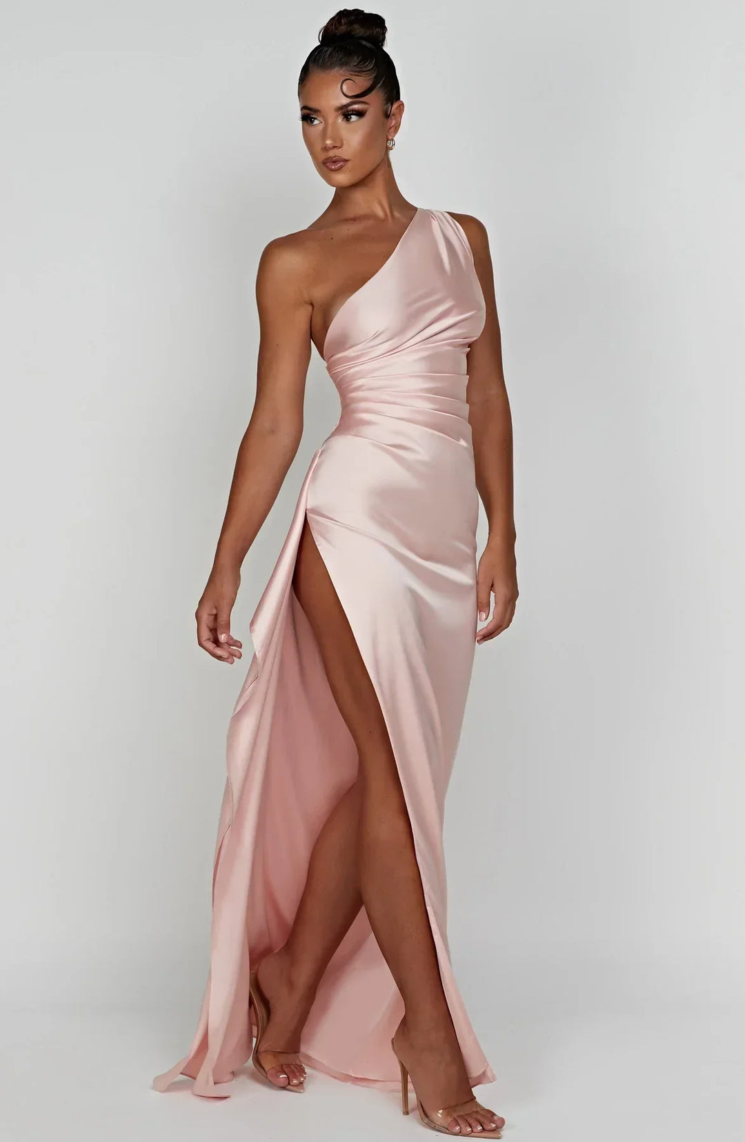 Women's One Shoulder Pleated Satin Dress with Split