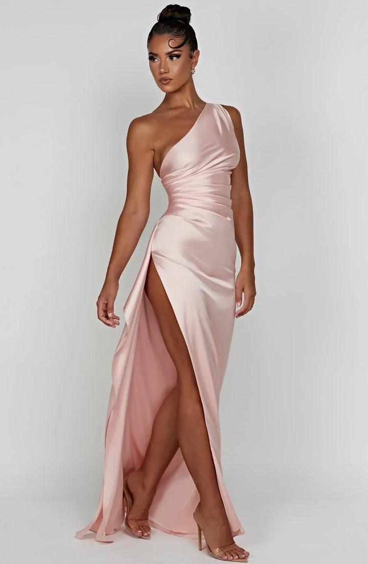 Women's One Shoulder Pleated Satin Dress with Split