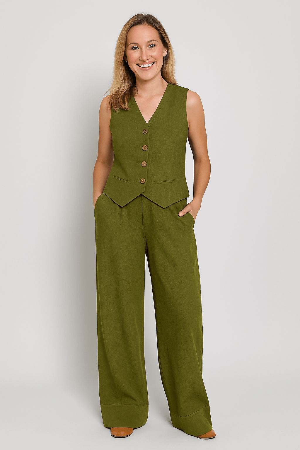 Yveline | Women's Linen Vest and Wide-Leg Trousers Outfit