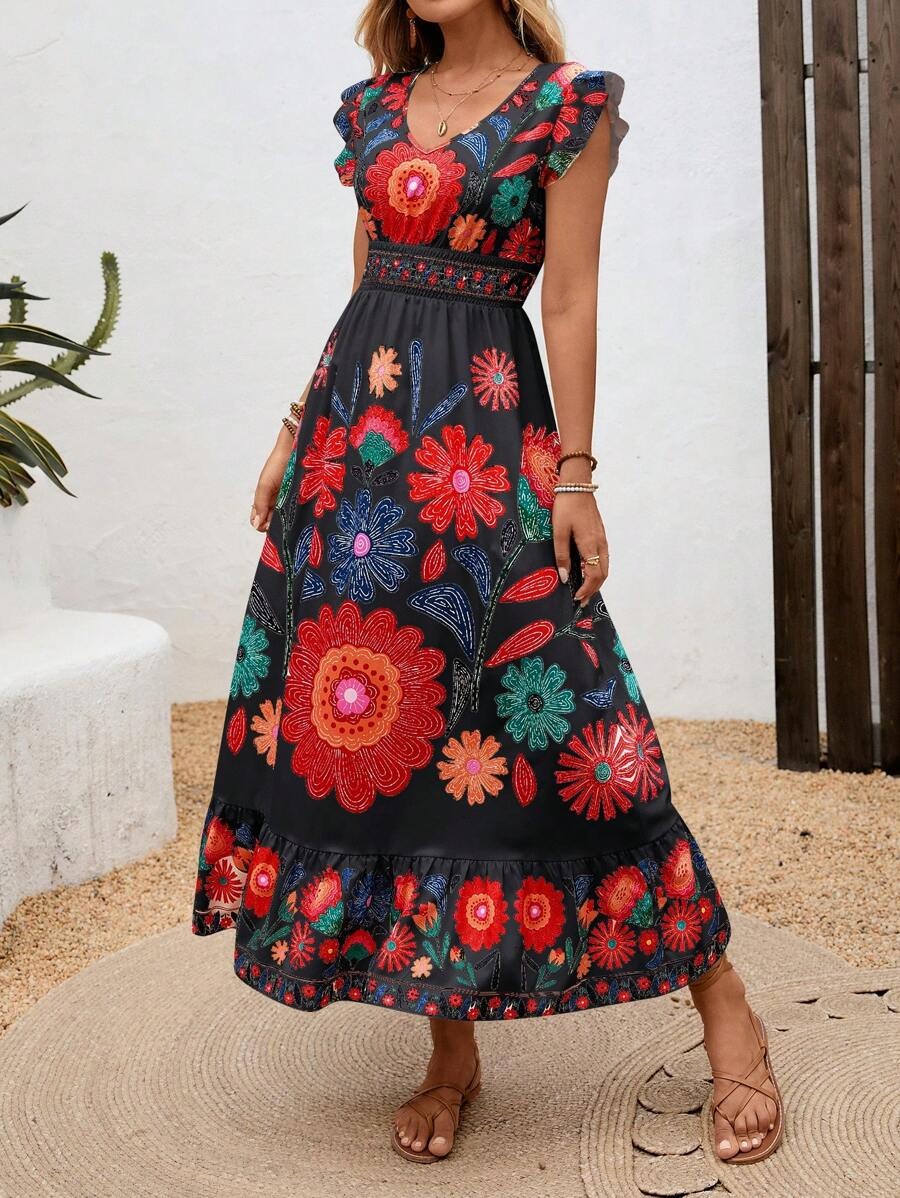 Ashley | Women's V-Neck A-Line Midi Dress for Stylish Comfort
