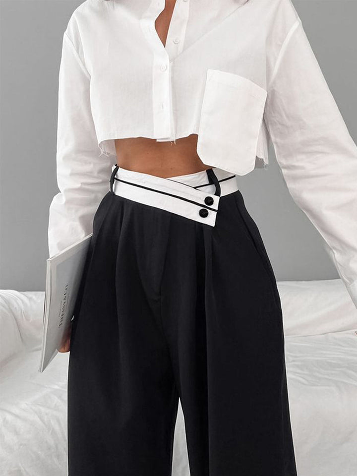 Women's Asymmetrical Wide Leg Dress Pants with Contrast Waistband