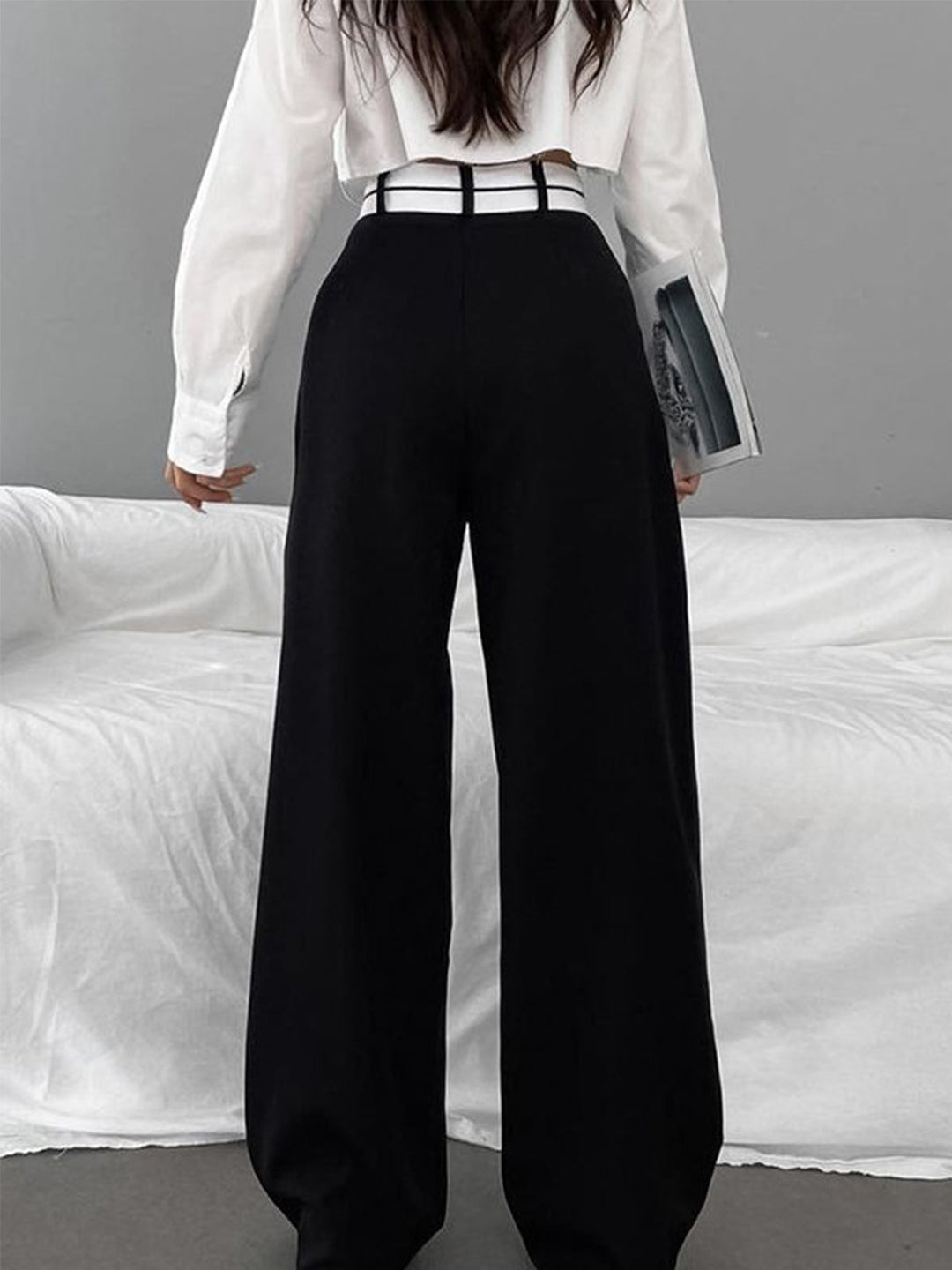 Women's Asymmetrical Wide Leg Dress Pants with Contrast Waistband