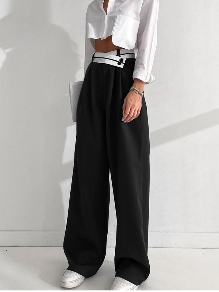 Women's Asymmetrical Wide Leg Dress Pants with Contrast Waistband