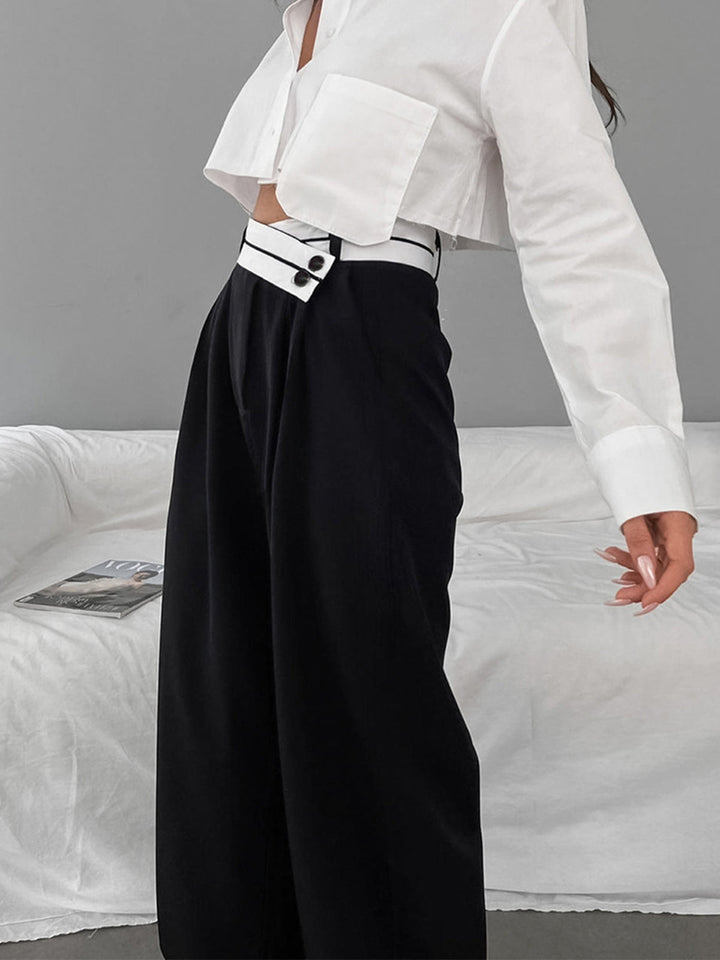 Women's Asymmetrical Wide Leg Dress Pants with Contrast Waistband