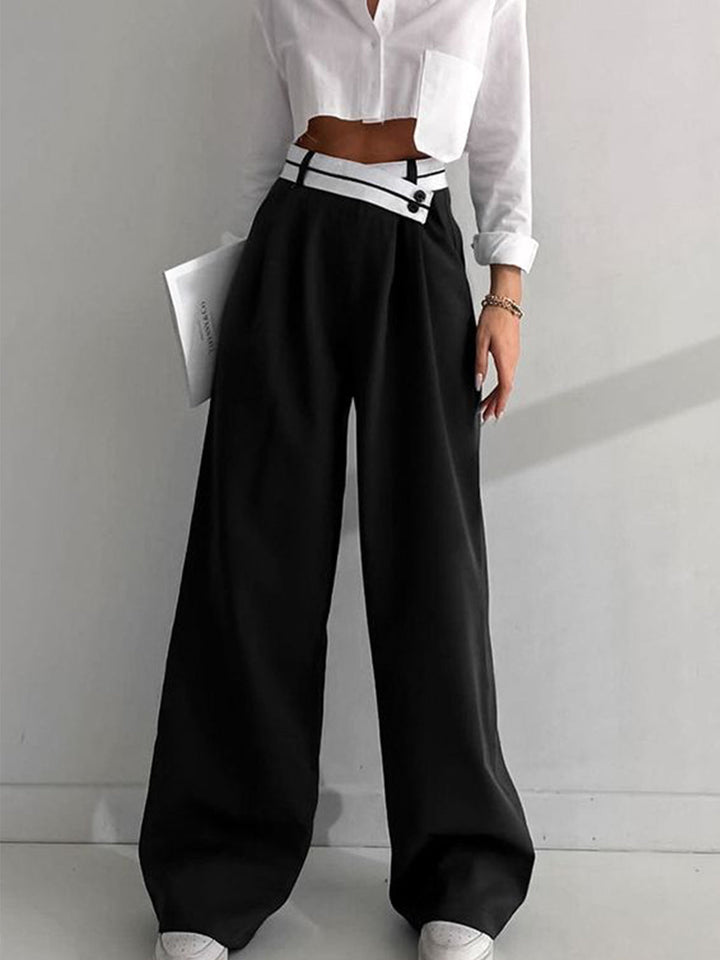 Women's Asymmetrical Wide Leg Dress Pants with Contrast Waistband