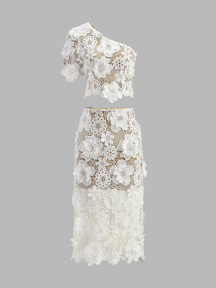 Women's Asymmetrical Floral Lace Top and Skirt Set