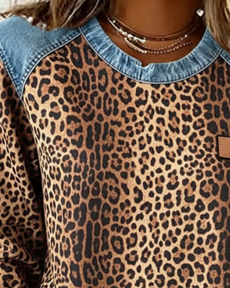Women's Leopard Print Denim Patchwork Sweater