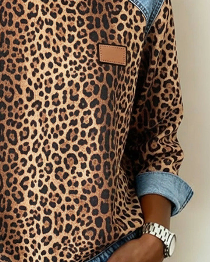 Women's Leopard Print Denim Patchwork Sweater