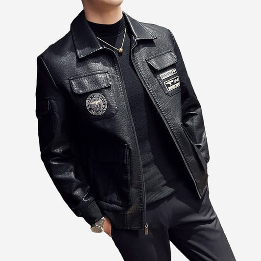 Men's Faux Leather Bomber Jacket with Tiger Embroidery Detail