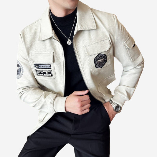Men's Faux Leather Bomber Jacket with Tiger Embroidery Detail