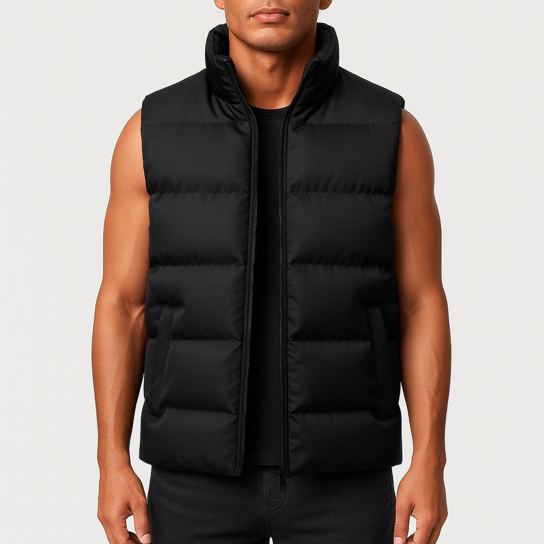 Men's Sleeveless Winter Puffer Vest with Stand Collar and Zipper Closure