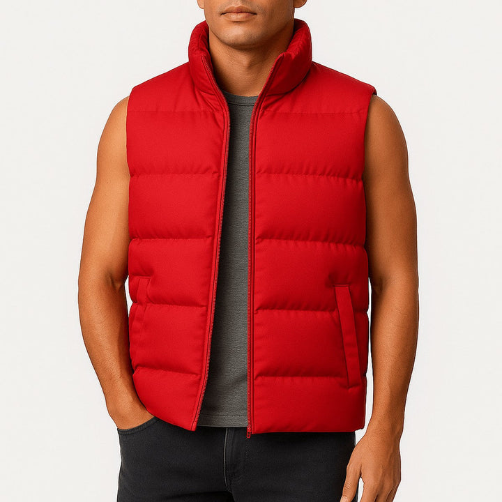 Men's Sleeveless Winter Puffer Vest with Stand Collar and Zipper Closure