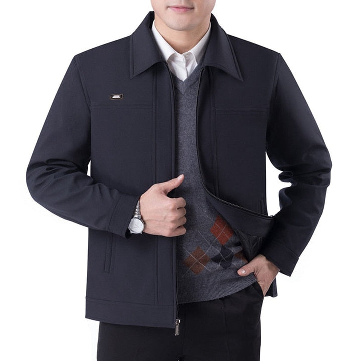 Men's Casual Suede Bomber Jacket with Collar and Zip Pockets