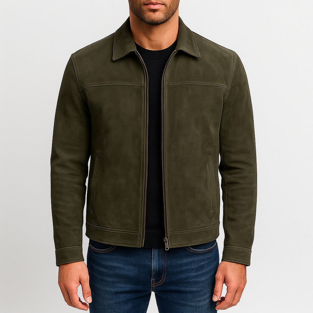 Men's Vintage Faux Leather Bomber Jacket with Zipper and Stand Collar