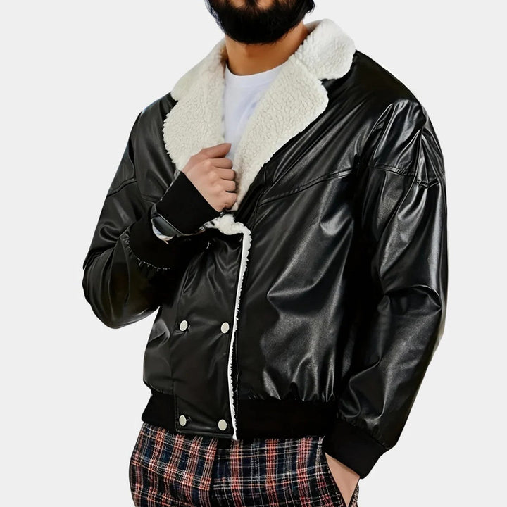 Men's Black Aviator Biker Jacket with Plush Faux Shearling Lining