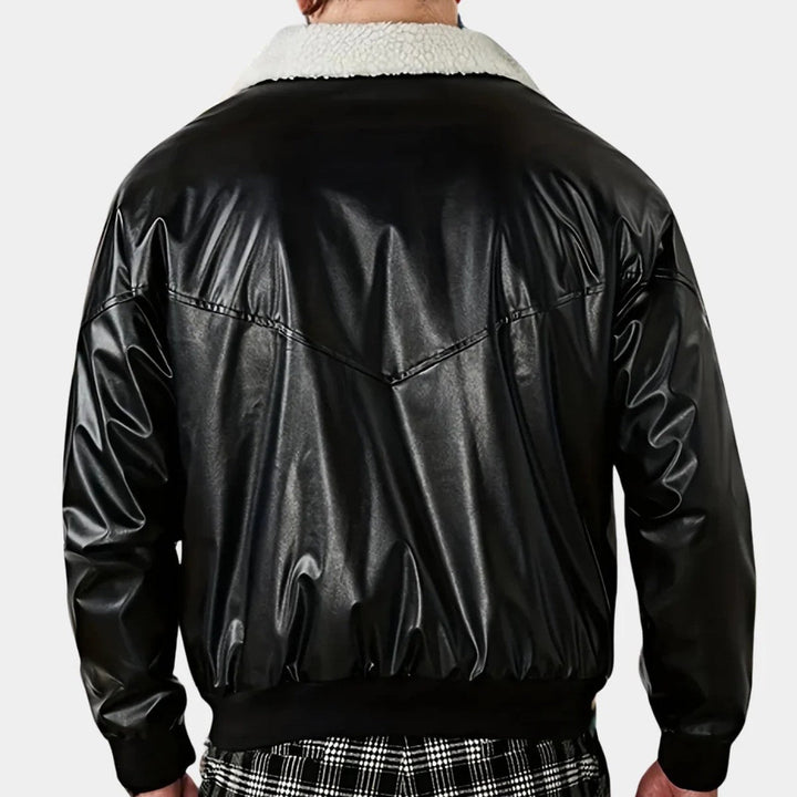 Men's Black Aviator Biker Jacket with Plush Faux Shearling Lining