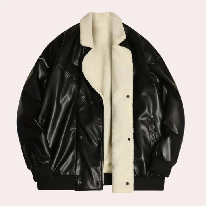 Men's Black Aviator Biker Jacket with Plush Faux Shearling Lining