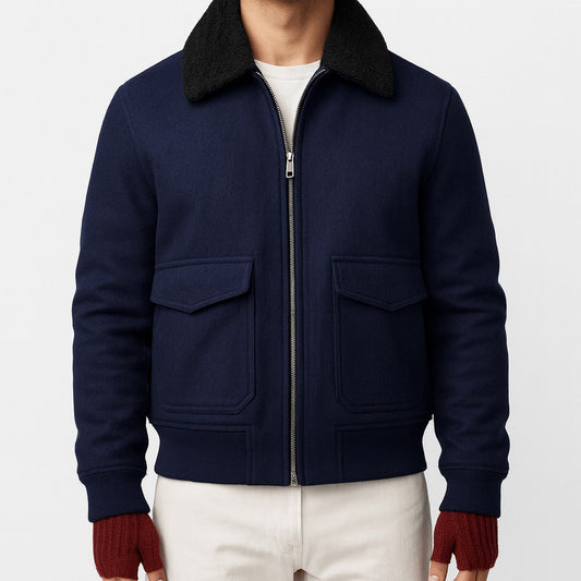 Men's Wool Blend Bomber Jacket with Shearling Collar for Winter