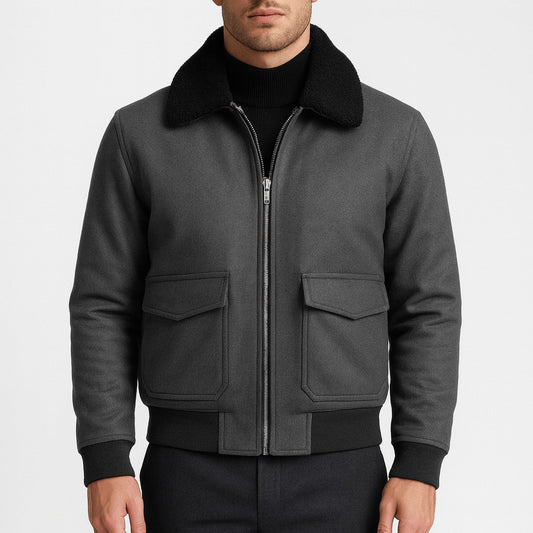 Men's Wool Blend Bomber Jacket with Shearling Collar for Winter