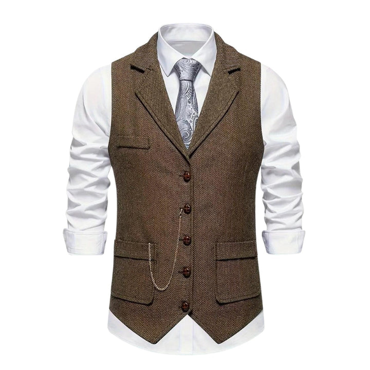 Men's Classic Herringbone Tweed Vest with Notch Lapel and Pocket Chain