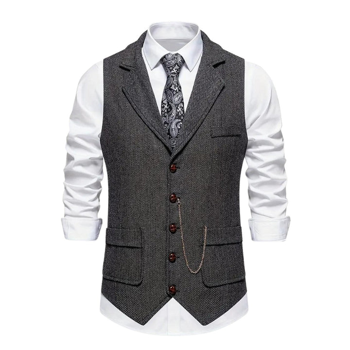 Men's Classic Herringbone Tweed Vest with Notch Lapel and Pocket Chain
