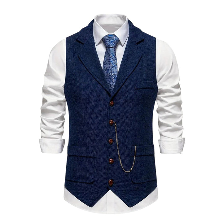 Men's Classic Herringbone Tweed Vest with Notch Lapel and Pocket Chain