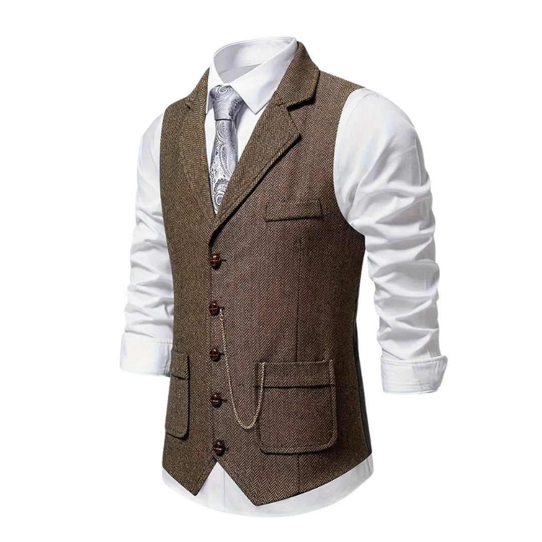 Men's Classic Herringbone Tweed Vest with Notch Lapel and Pocket Chain