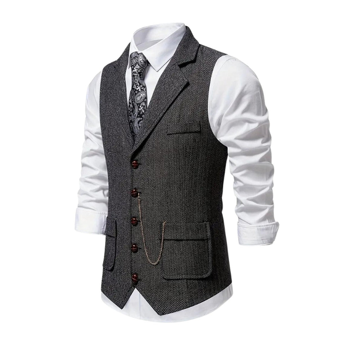 Men's Classic Herringbone Tweed Vest with Notch Lapel and Pocket Chain