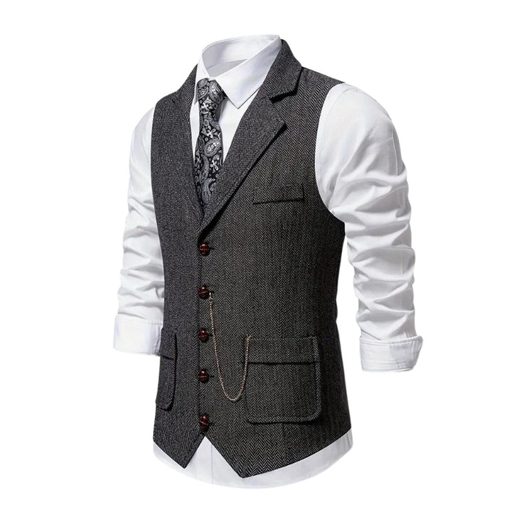 Men's Classic Herringbone Tweed Vest with Notch Lapel and Pocket Chain