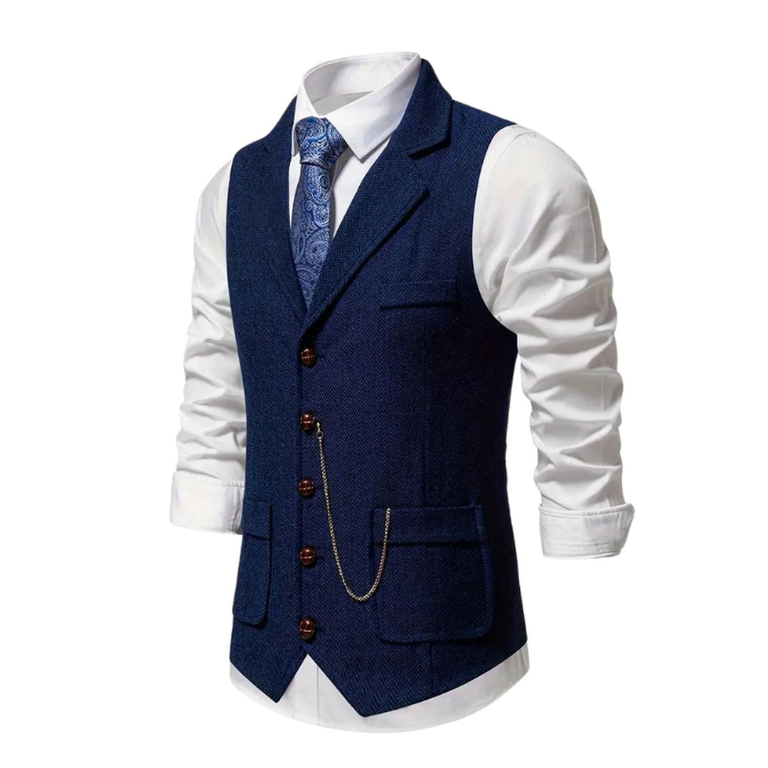 Men's Classic Herringbone Tweed Vest with Notch Lapel and Pocket Chain