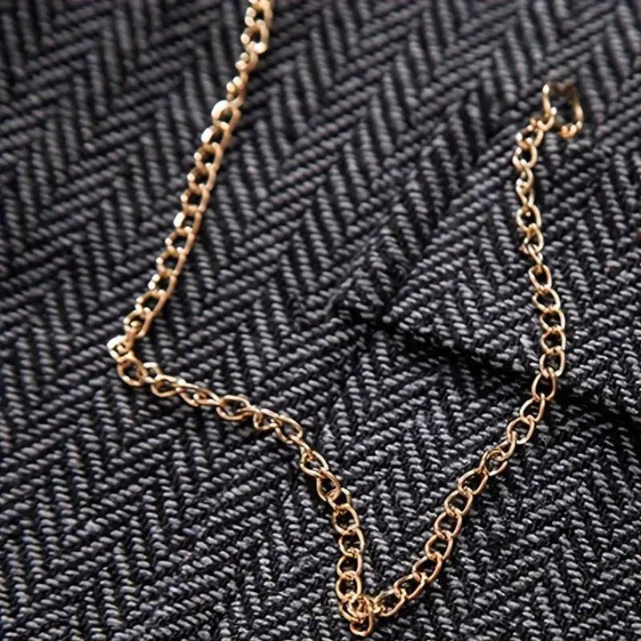 Men's Classic Herringbone Tweed Vest with Notch Lapel and Pocket Chain