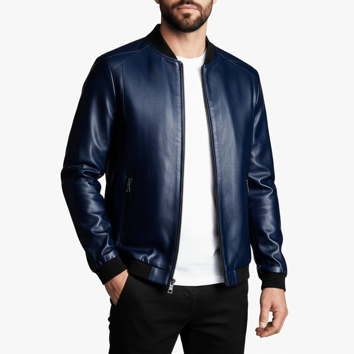 Men's Faux Leather Bomber Jacket with Ribbed Collar and Zip Closure