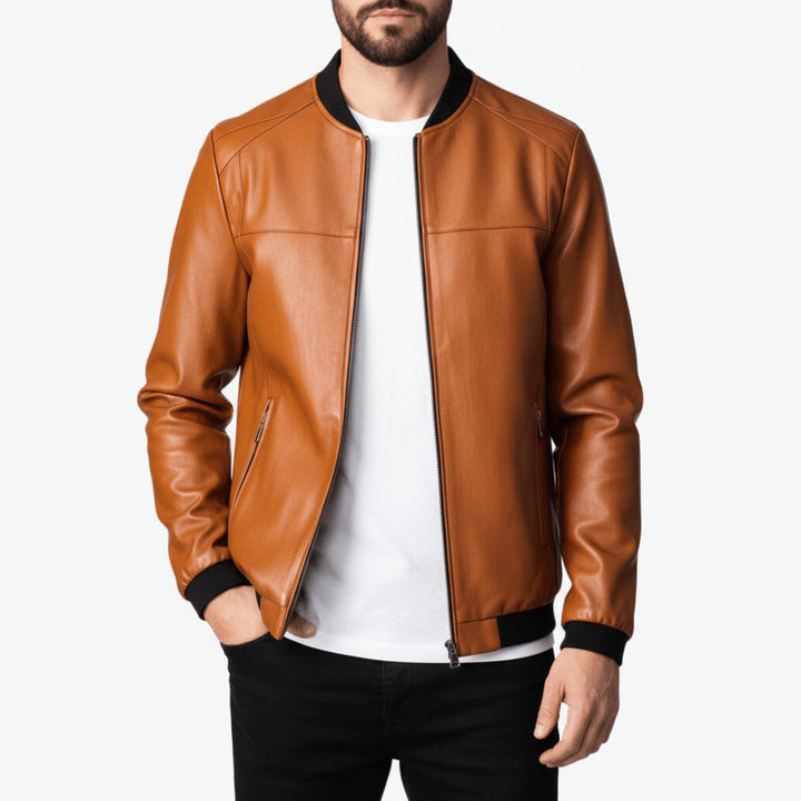 Men's Faux Leather Bomber Jacket with Ribbed Collar and Zip Closure