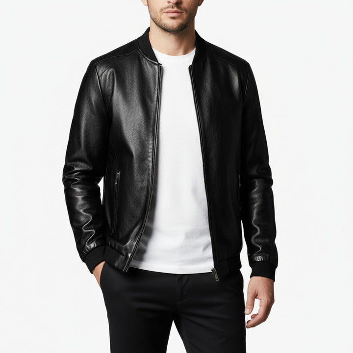 Men's Faux Leather Bomber Jacket with Ribbed Collar and Zip Closure