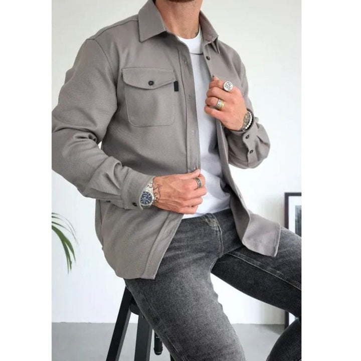 Men's Long Sleeve Button-Up Shirt Jacket with Dual Pockets