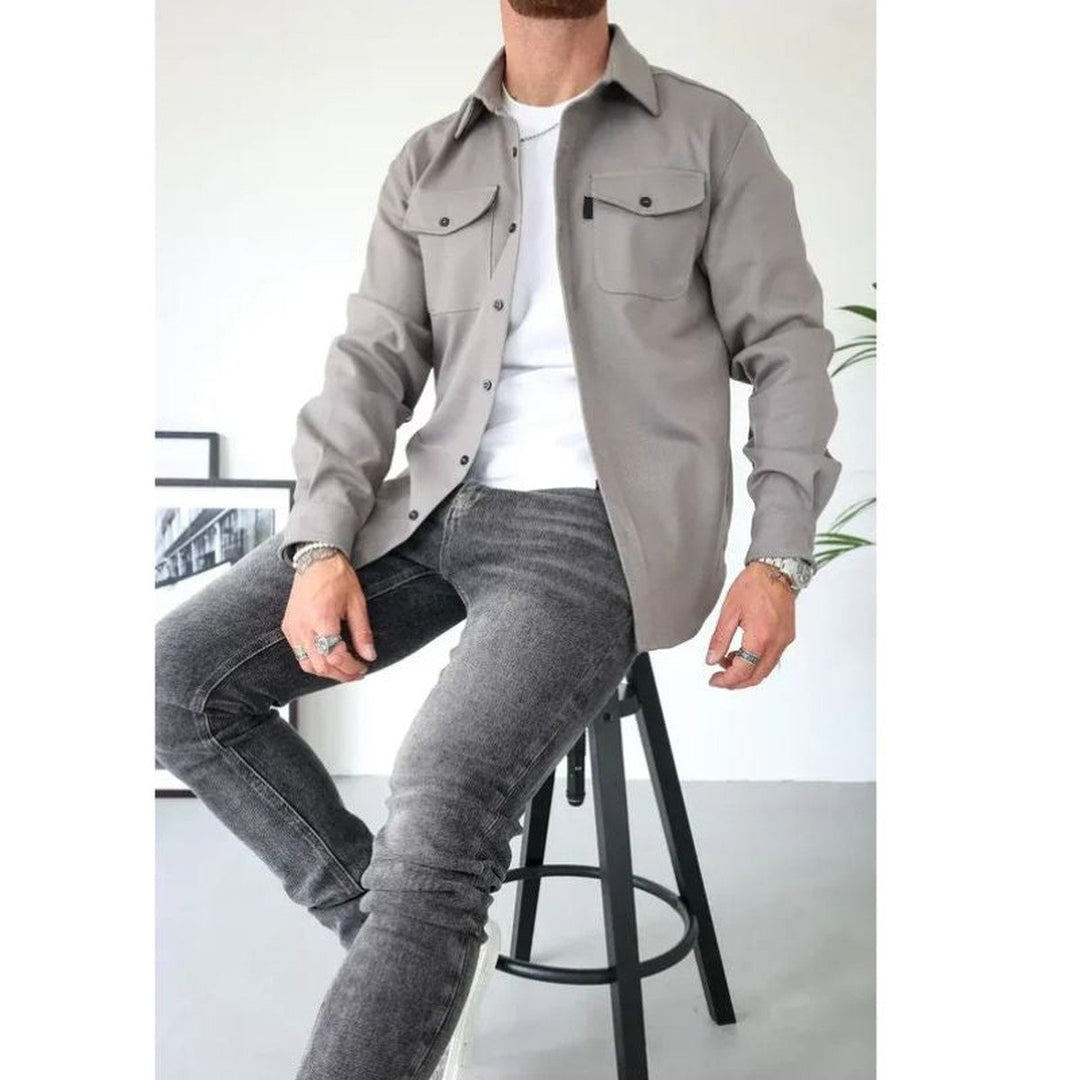 Men's Long Sleeve Button-Up Shirt Jacket with Dual Pockets