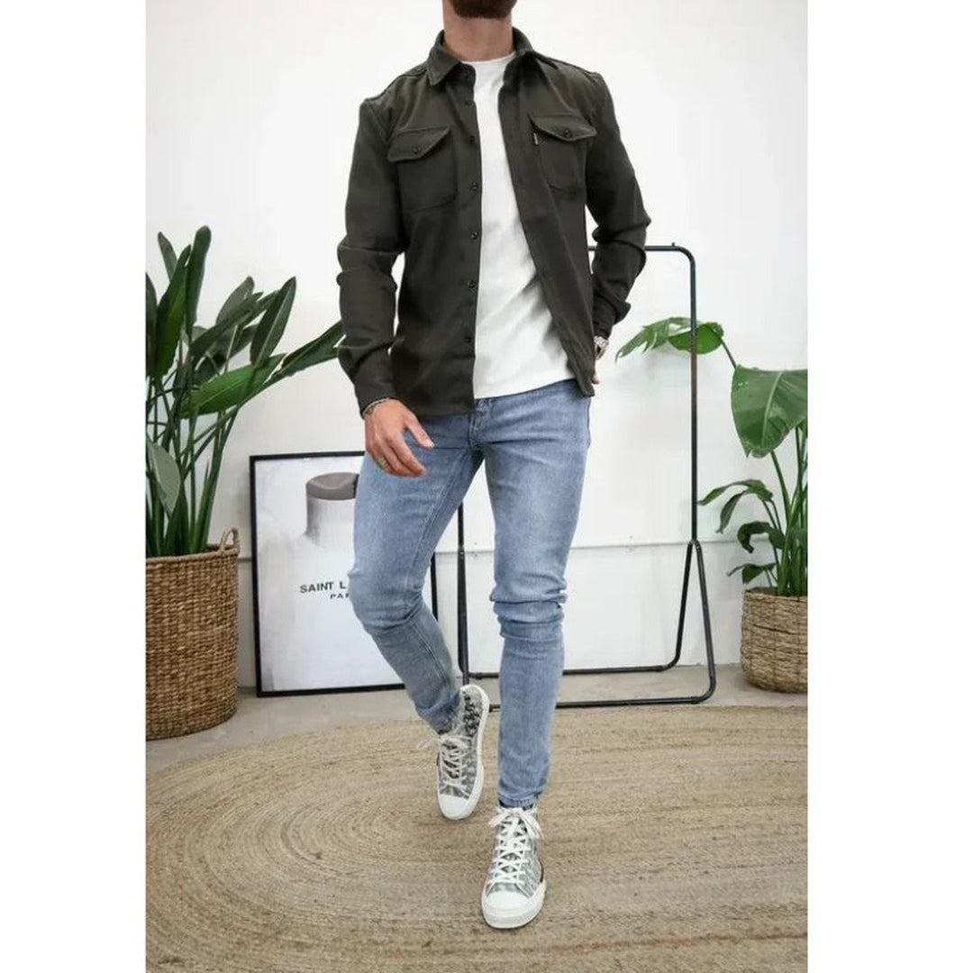 Men's Long Sleeve Button-Up Shirt Jacket with Dual Pockets