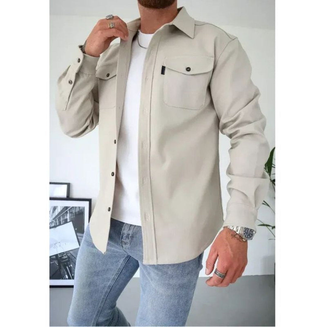Men's Long Sleeve Button-Up Shirt Jacket with Dual Pockets