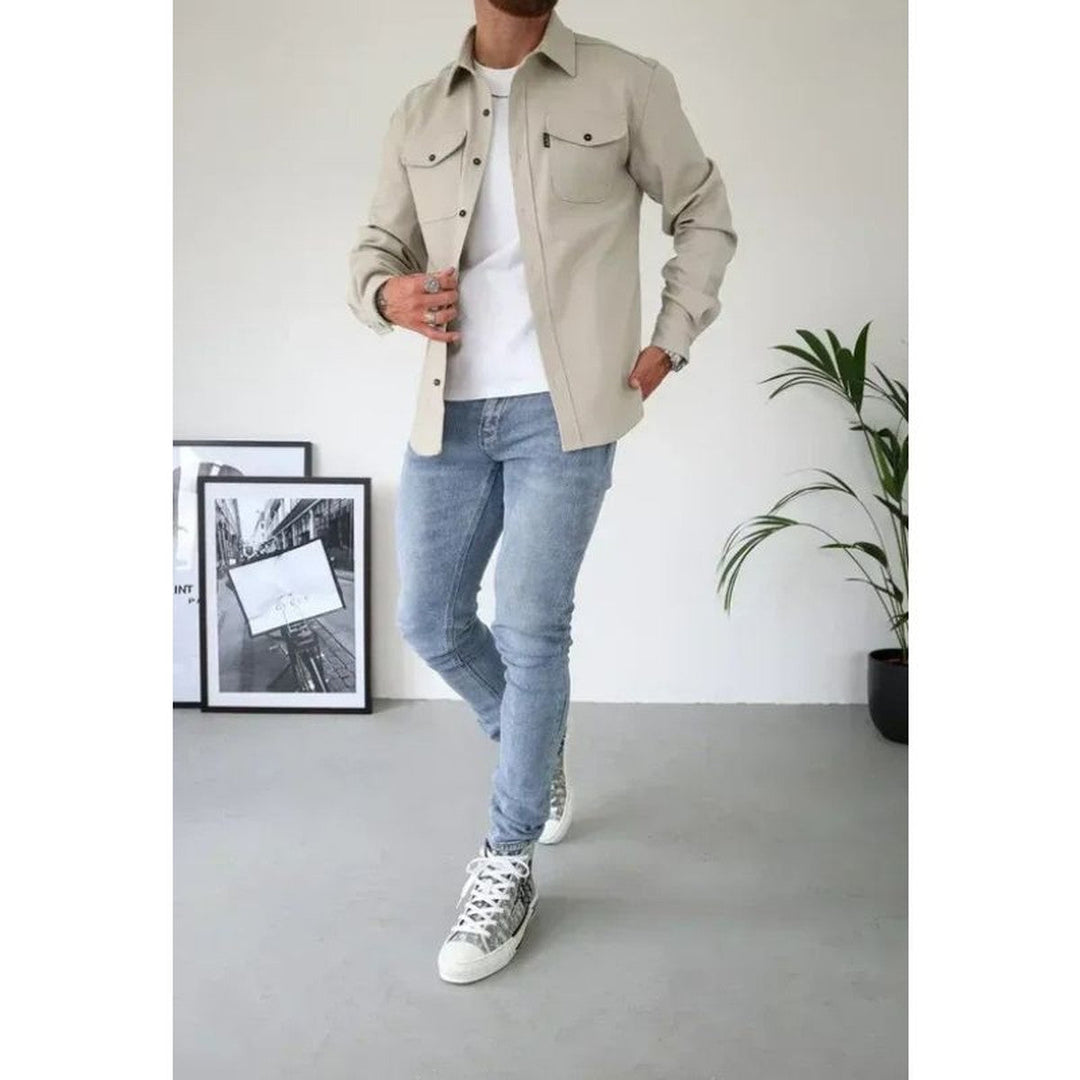 Men's Long Sleeve Button-Up Shirt Jacket with Dual Pockets