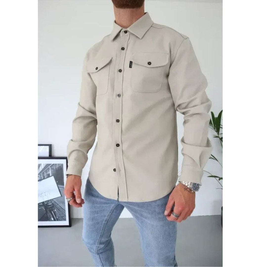 Men's Long Sleeve Button-Up Shirt Jacket with Dual Pockets