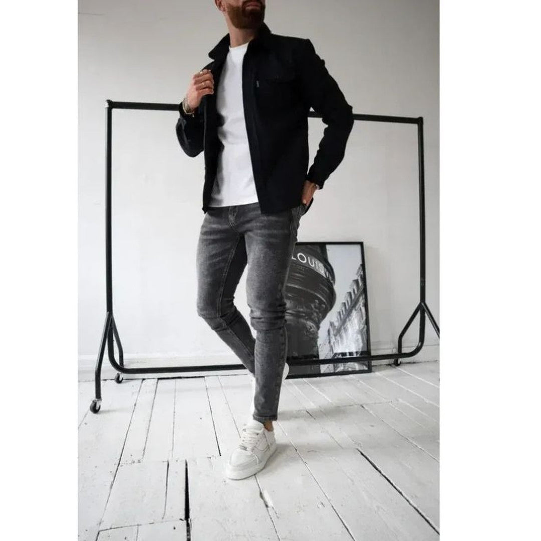 Men's Long Sleeve Button-Up Shirt Jacket with Dual Pockets