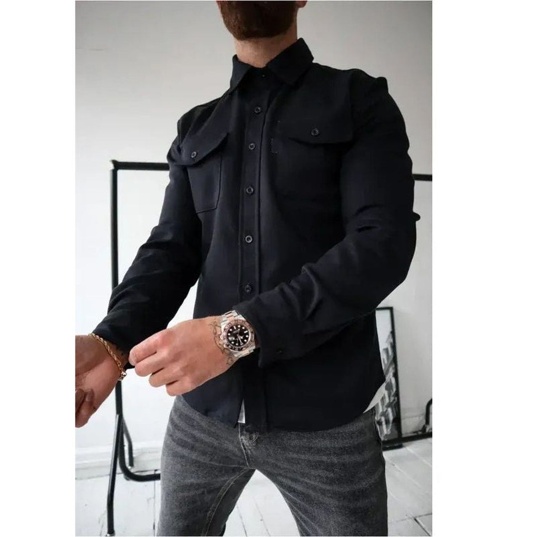 Men's Long Sleeve Button-Up Shirt Jacket with Dual Pockets