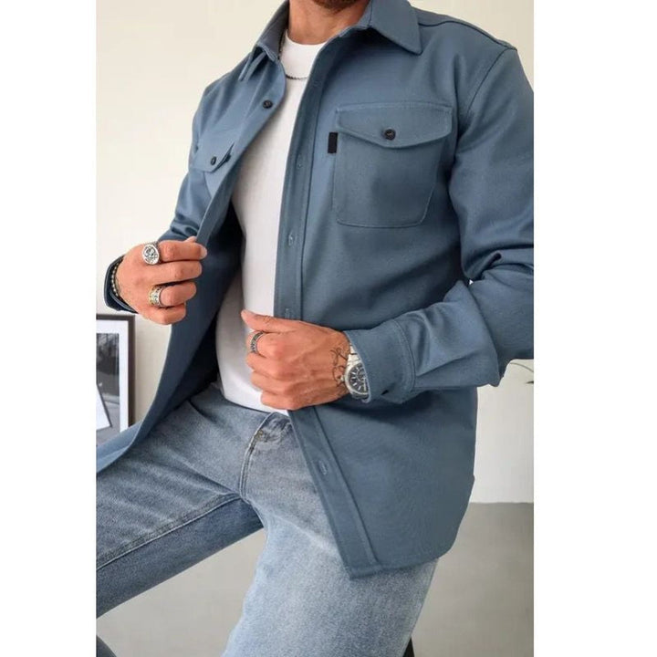 Men's Long Sleeve Button-Up Shirt Jacket with Dual Pockets