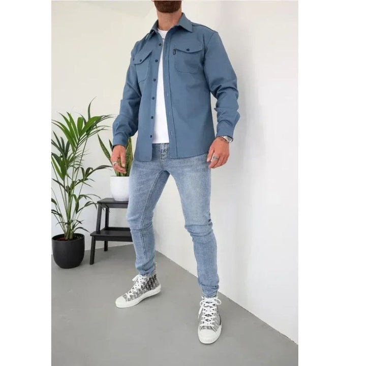 Men's Long Sleeve Button-Up Shirt Jacket with Dual Pockets