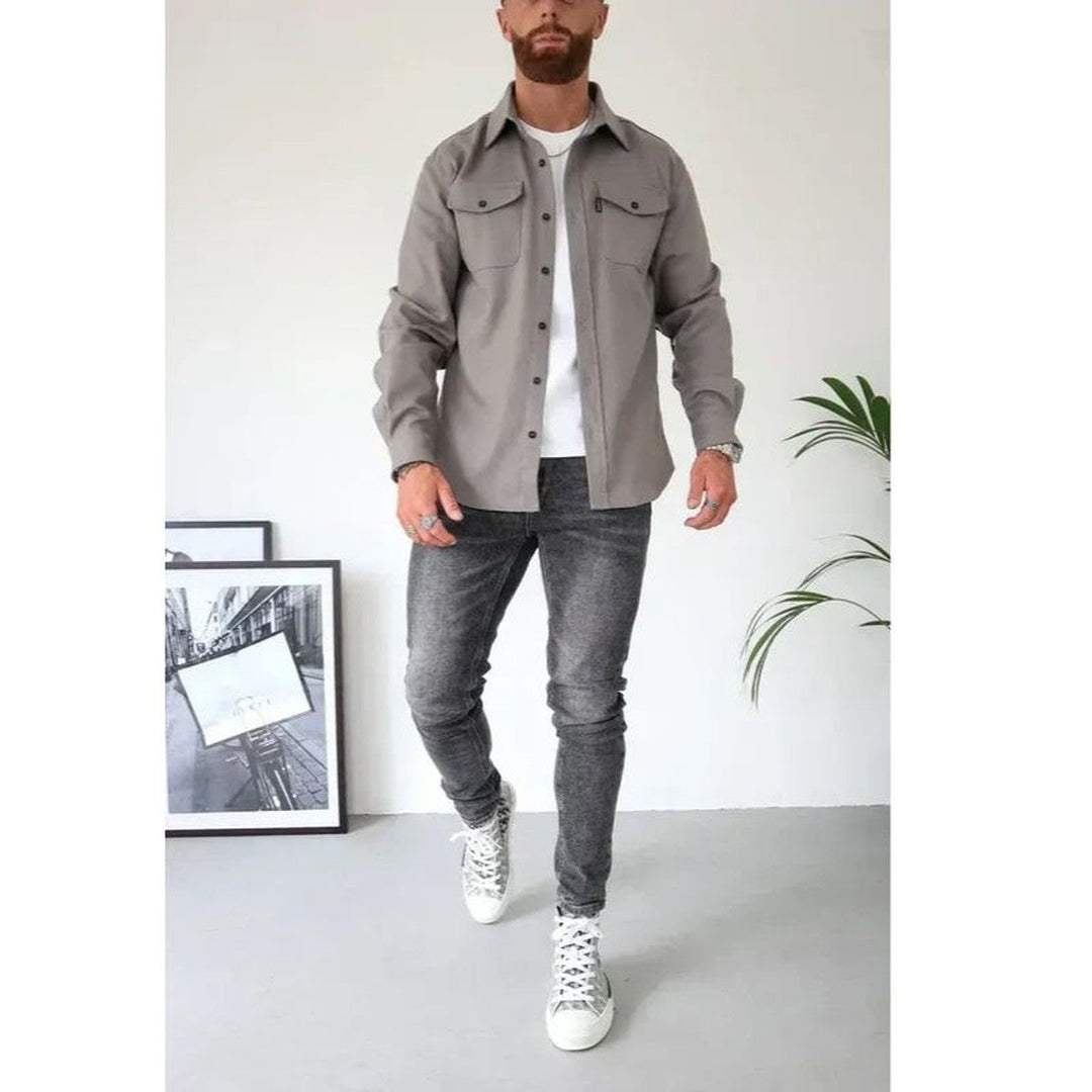 Men's Long Sleeve Button-Up Shirt Jacket with Dual Pockets