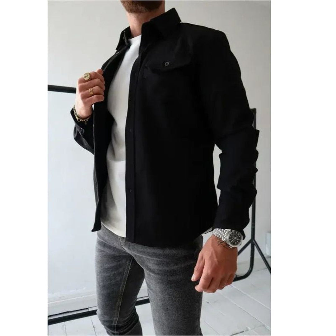 Men's Long Sleeve Button-Up Shirt Jacket with Dual Pockets