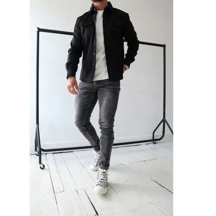 Men's Long Sleeve Button-Up Shirt Jacket with Dual Pockets